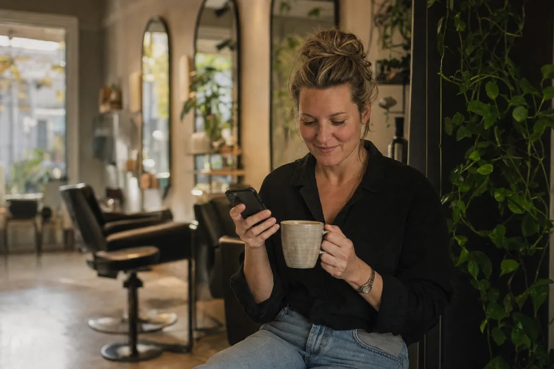 Ondernemer leest na werktijd de samenvatting van haar gesprekken